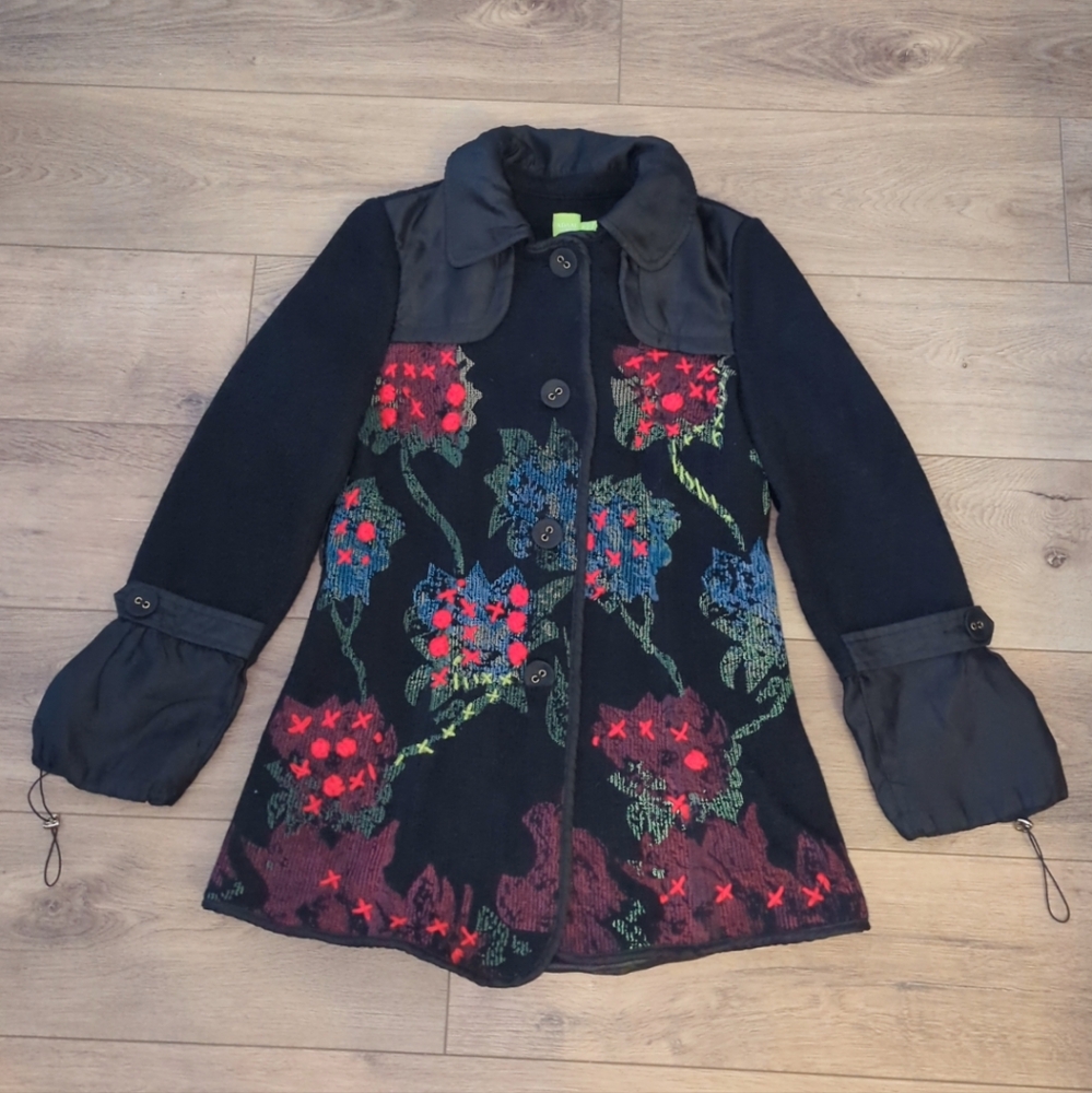 Adam Jacobs Knit Floral Embroidered Black Jacket Cottage Core